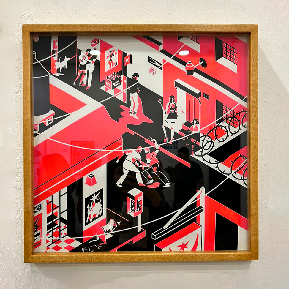 Eben Ezer, red and black neighbourhood scene by Daniel Dominguez